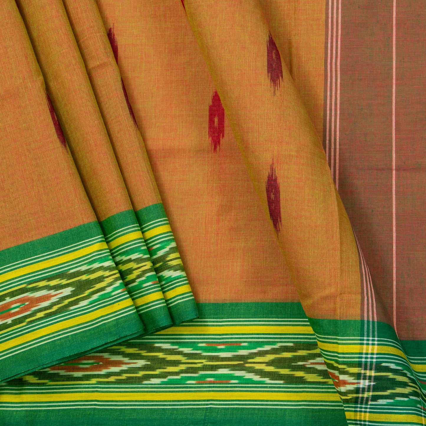 Mustard And Green Pochampally Ikkat Cotton Saree For Office Wear PV SC 201