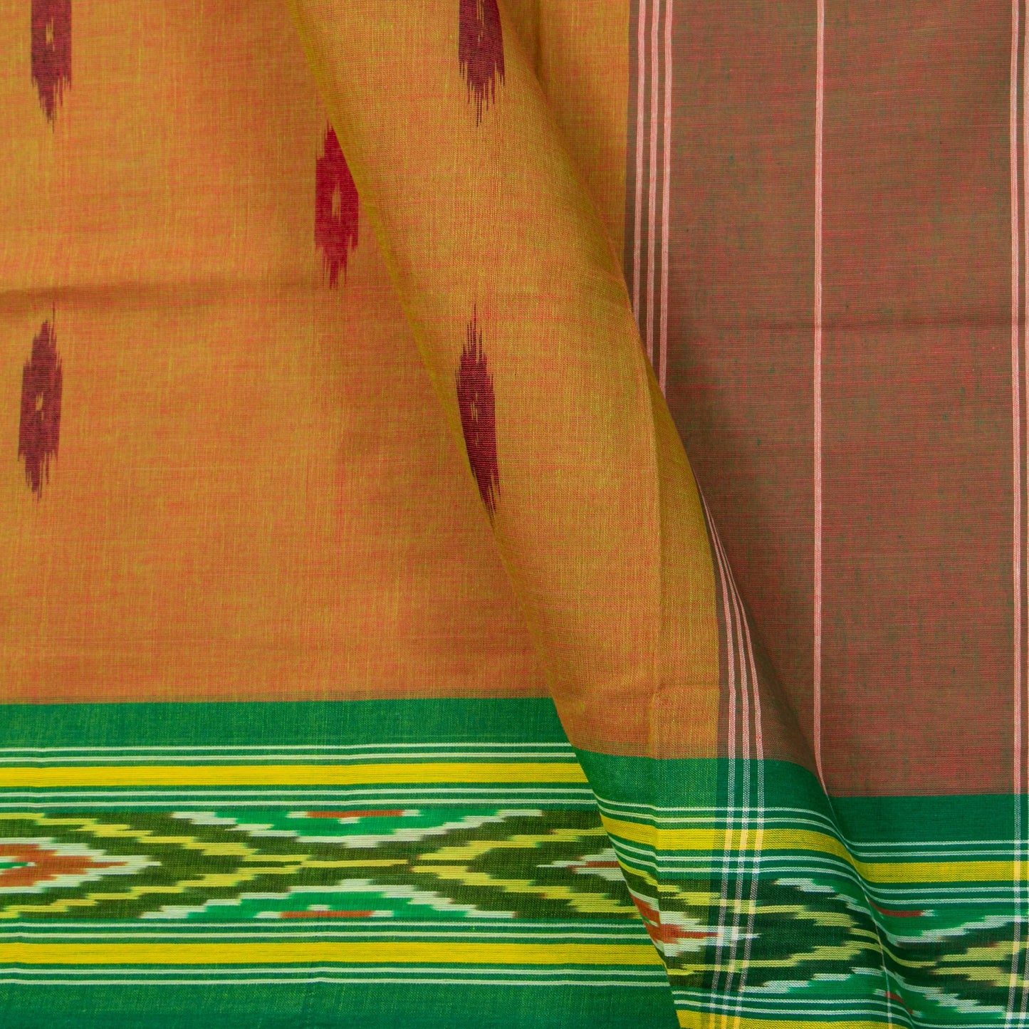 Mustard And Green Pochampally Ikkat Cotton Saree For Office Wear PV SC 201
