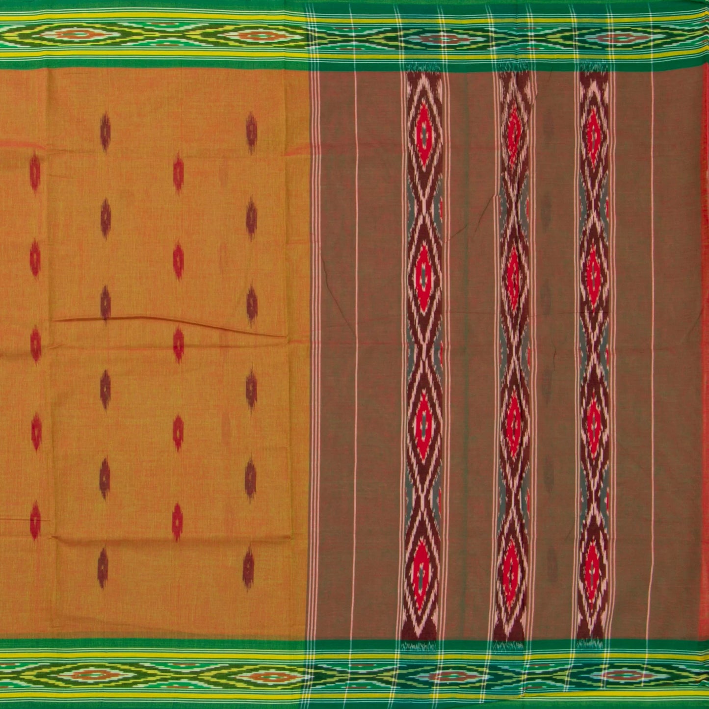 Mustard And Green Pochampally Ikkat Cotton Saree For Office Wear PV SC 201