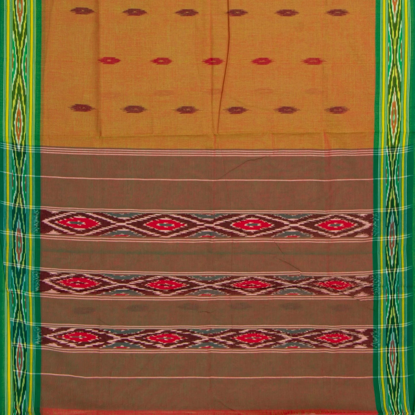 Mustard And Green Pochampally Ikkat Cotton Saree For Office Wear PV SC 201