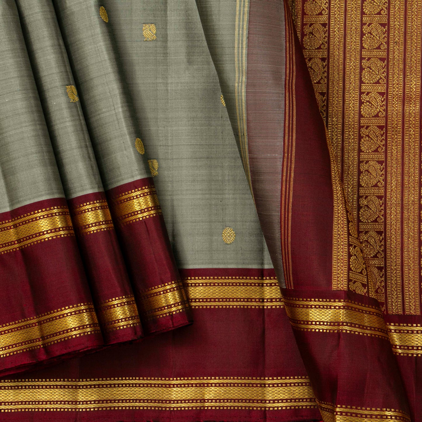 Grey And Maroon Kanchipuram Silk Saree For Festive Wear PV ABI M 146