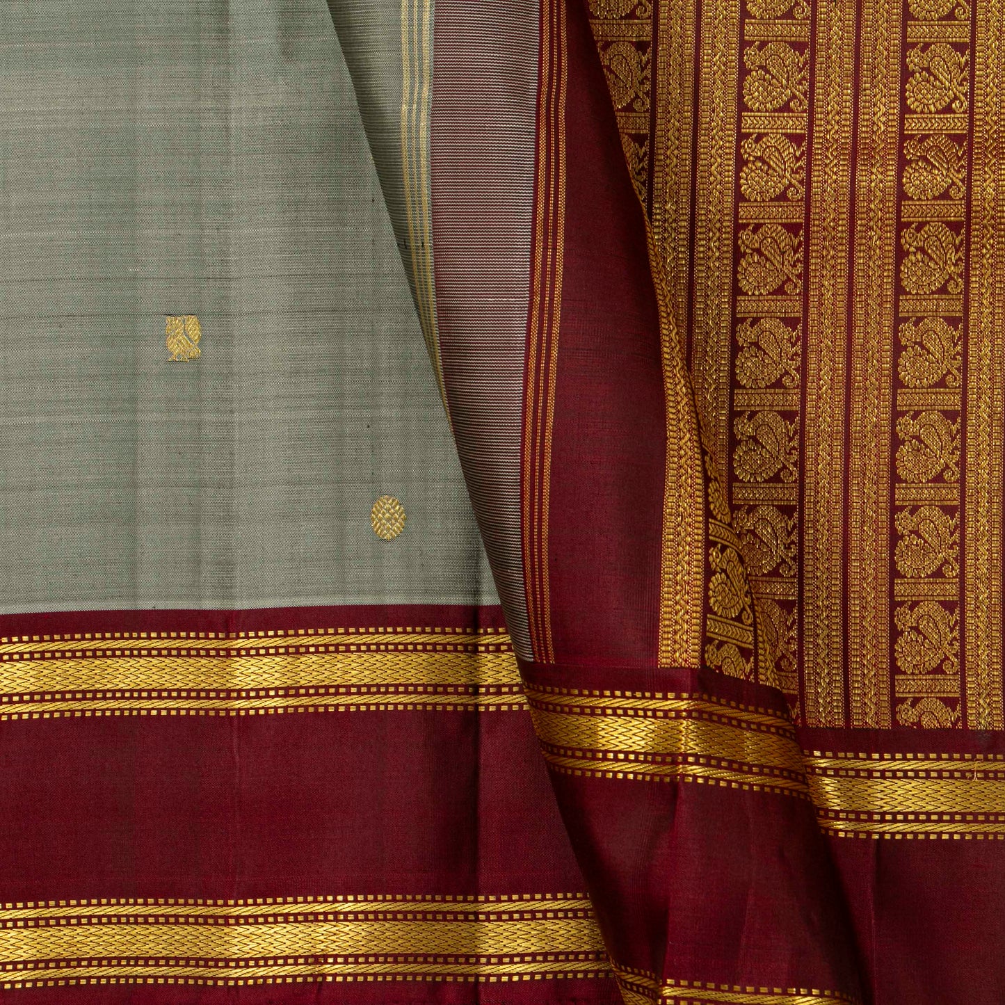 Grey And Maroon Kanchipuram Silk Saree For Festive Wear PV ABI M 146