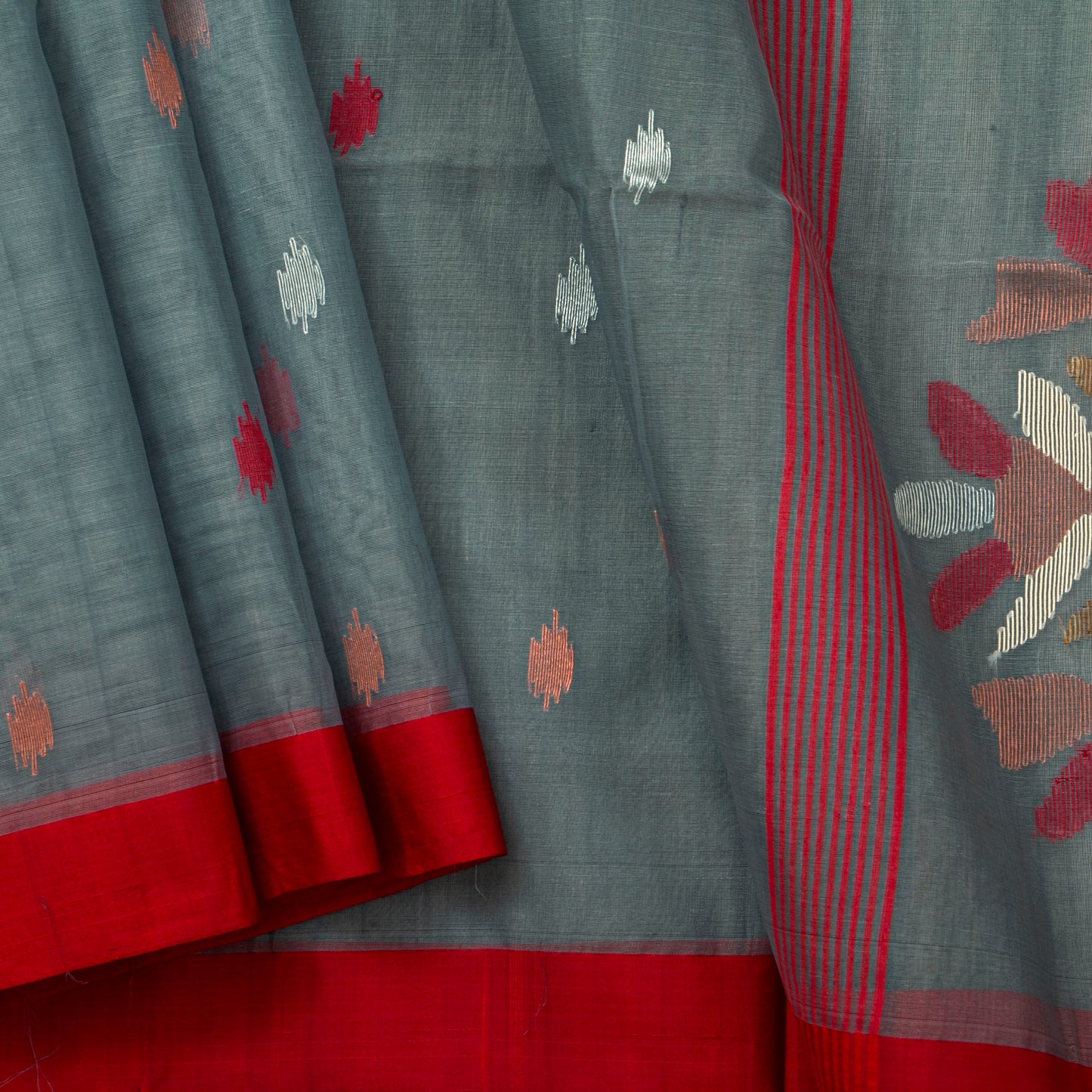 Grey And Red Dhakai Jamdhani Muslin Silk Saree With Tissue Zari For Festive Wear PV MJ 93