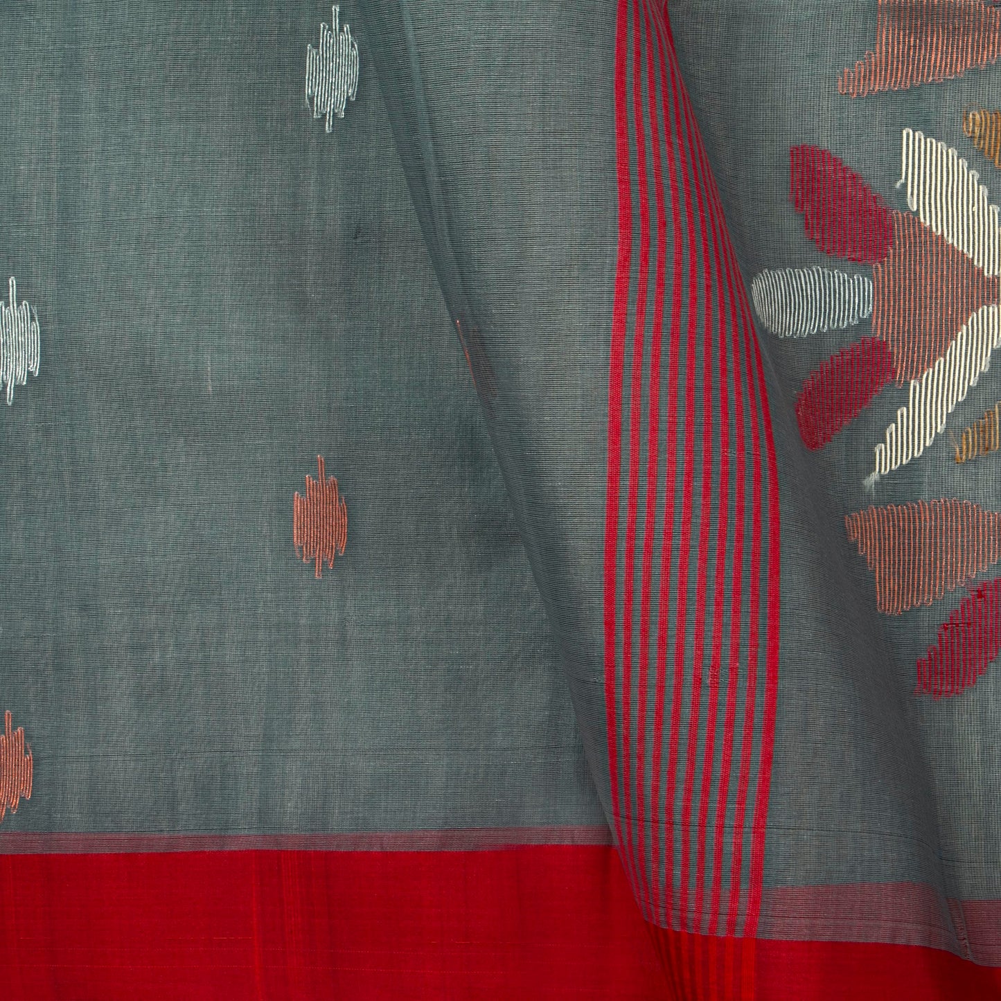 Grey And Red Dhakai Jamdhani Muslin Silk Saree With Tissue Zari For Festive Wear PV MJ 93