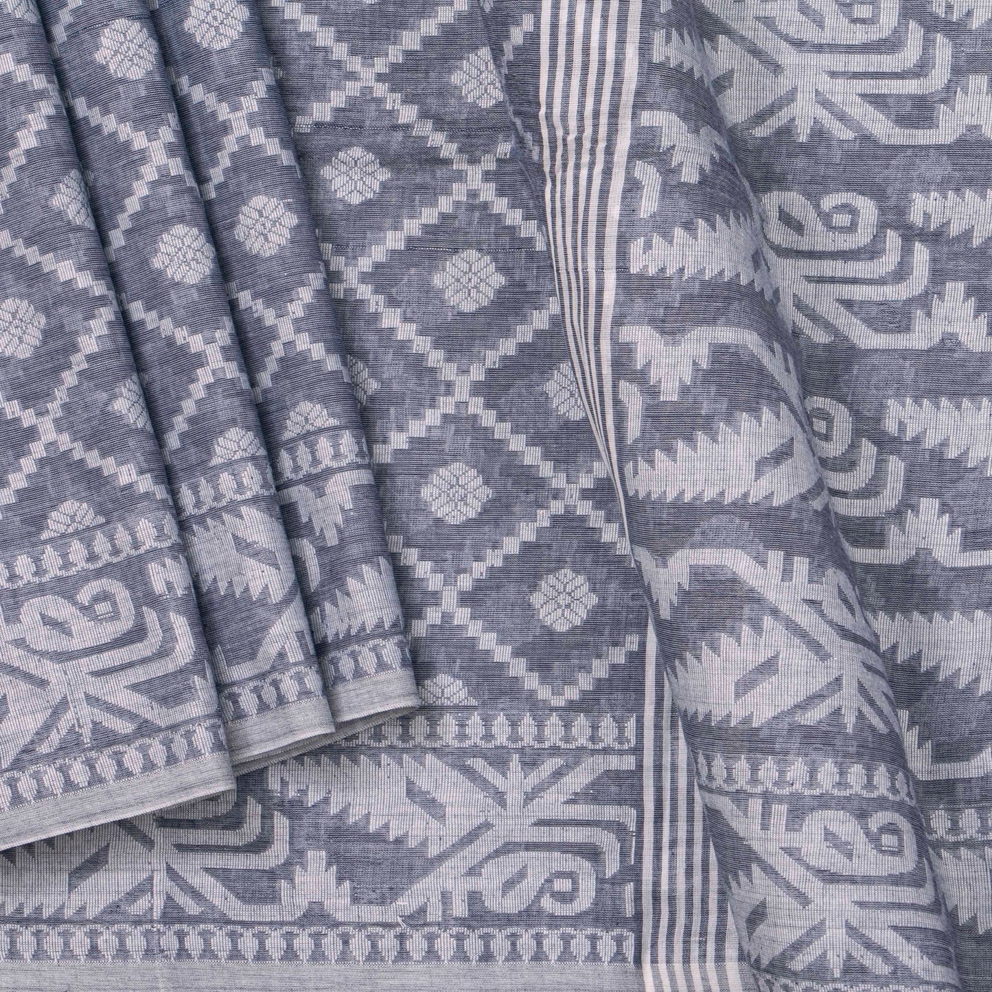 Grey Dhakai Jamdhani Mulmul Silk Saree With White Resham For Festive Wear PV MJ 82