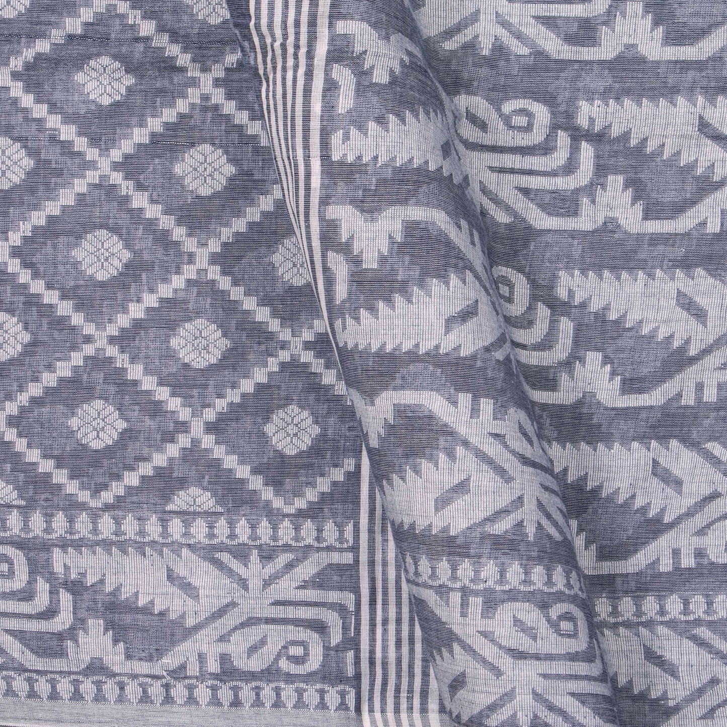 Grey Dhakai Jamdhani Mulmul Silk Saree With White Resham For Festive Wear PV MJ 82