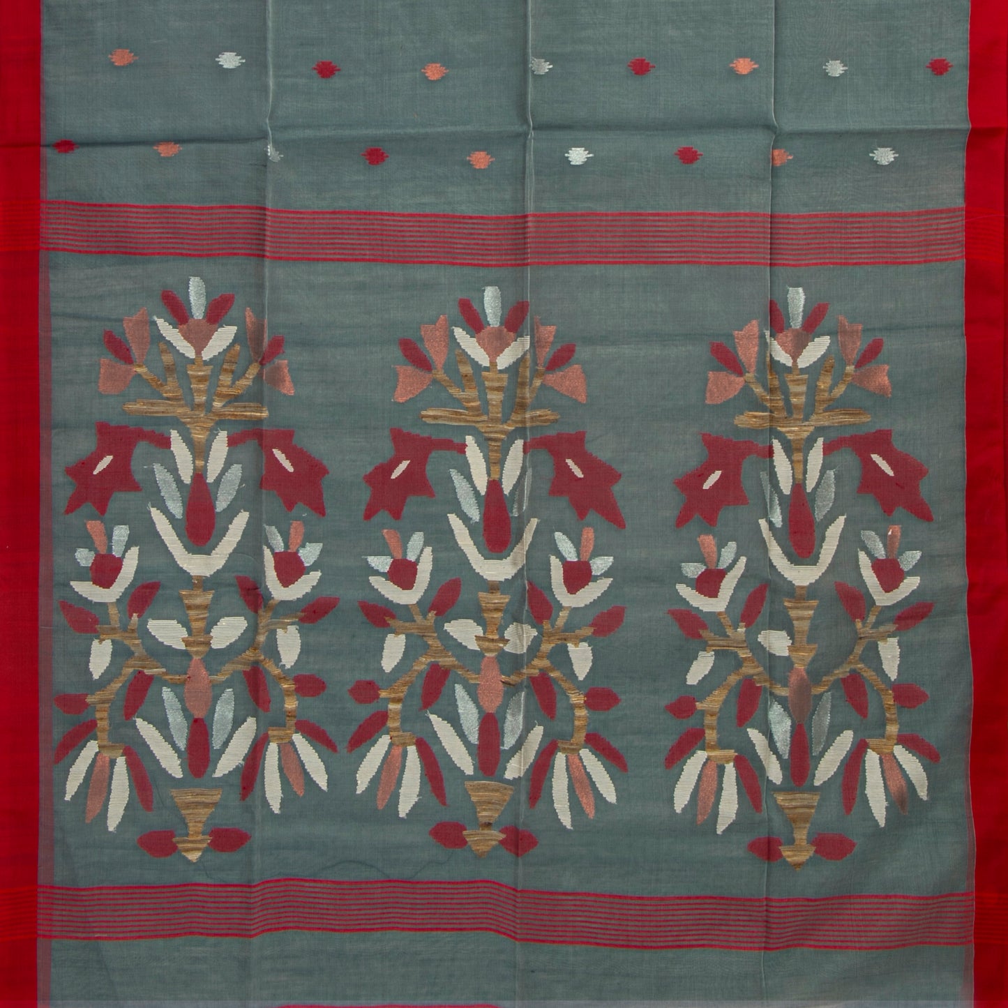 Grey And Red Dhakai Jamdhani Muslin Silk Saree With Tissue Zari For Festive Wear PV MJ 93