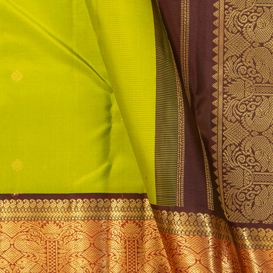 Parrot Green And Brown Kanchipuram Silk Saree Retro Revival Design For Wedding Wear PV MEN 176