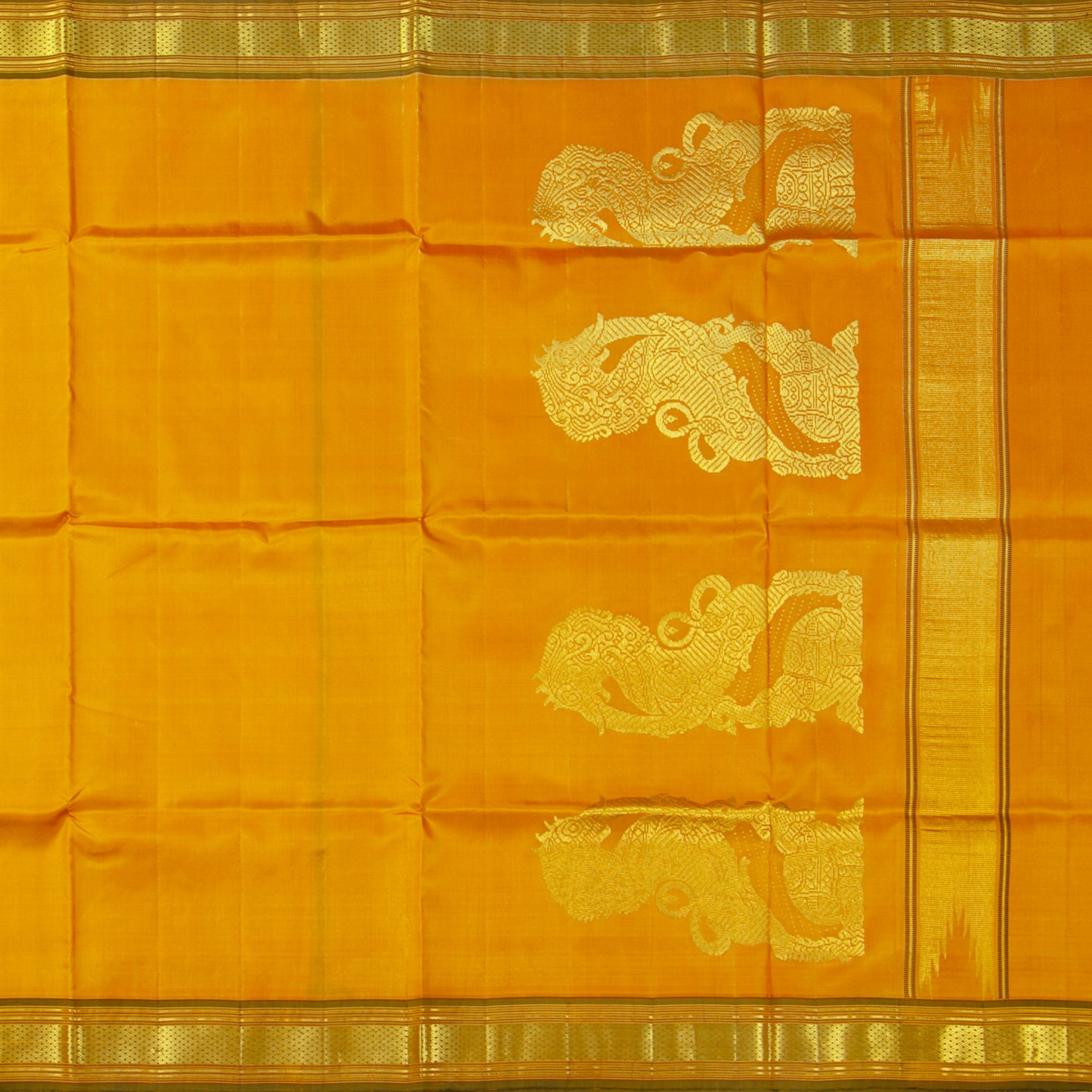 Yellow And Green Thirubuvanam Silk Saree With Yazhi Motifs For Festive Wear PV ABI M 140