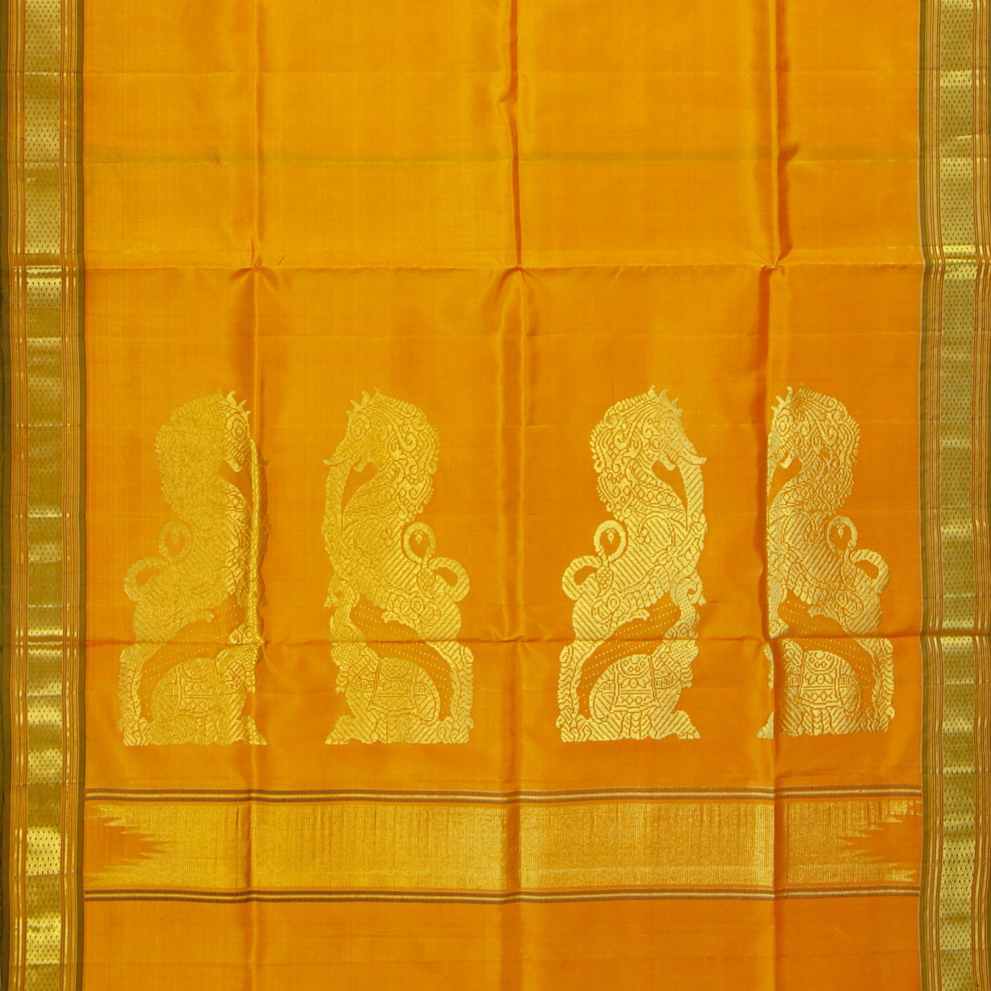 Yellow And Green Thirubuvanam Silk Saree With Yazhi Motifs For Festive Wear PV ABI M 140