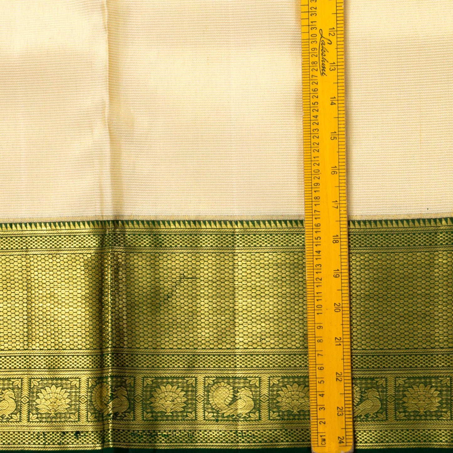 Beige, Gold And Green Kanchipuram Silk Saree For Wedding Wear PV NYC 1597