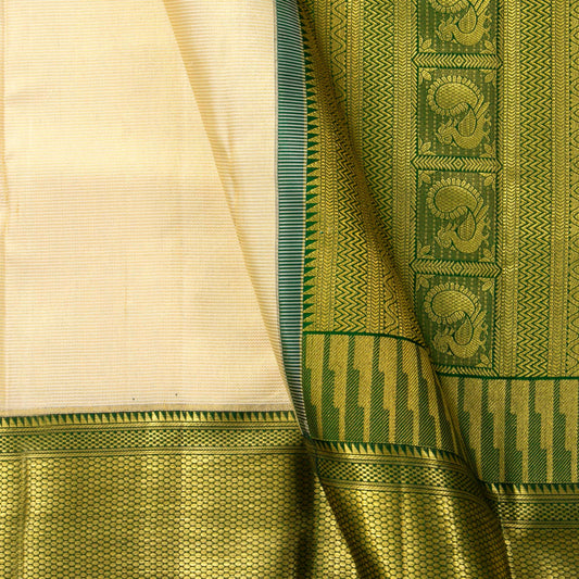 Beige, Gold And Green Kanchipuram Silk Saree For Wedding Wear PV NYC 1597