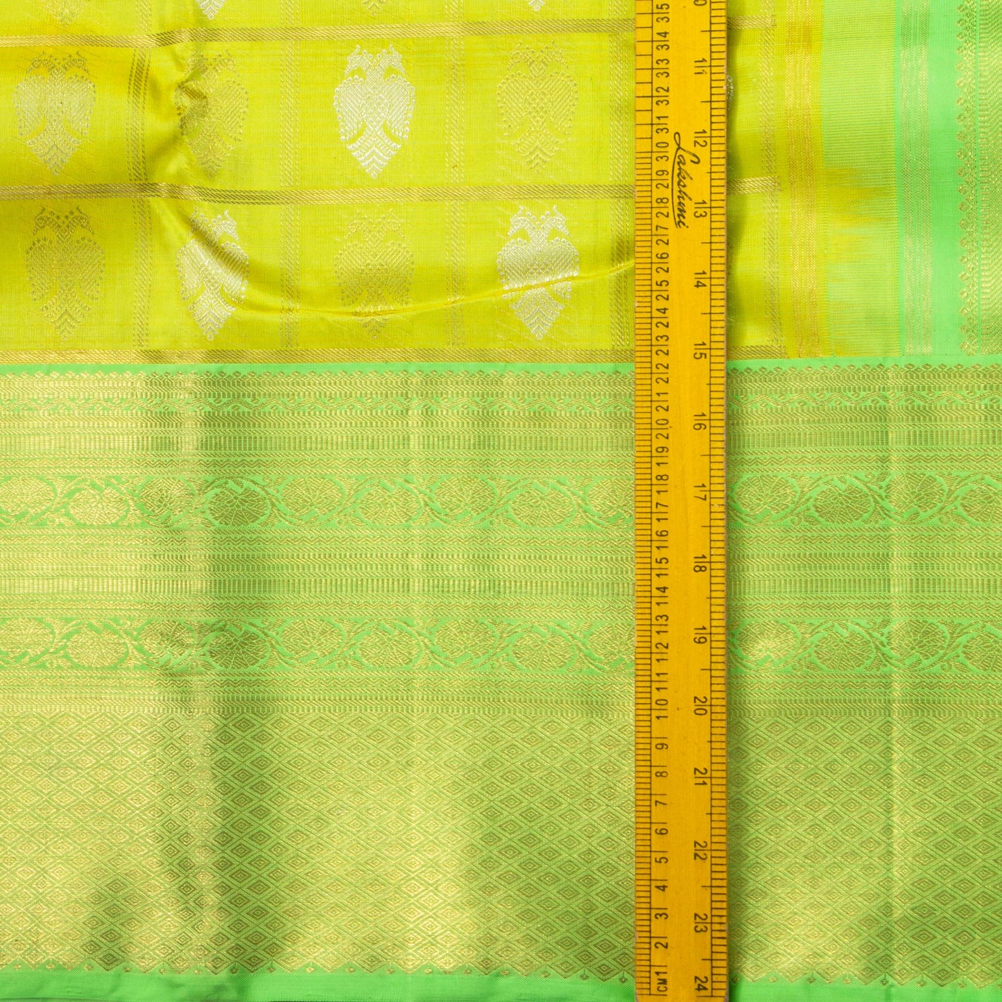 Lime Green And Turquoise Kanchipuram Silk Saree With Silver Ganda Berunda Motifs For Wedding Wear PV NYC 1598