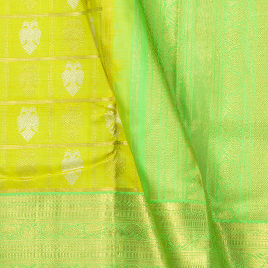 Lime Green And Turquoise Kanchipuram Silk Saree With Silver Ganda Berunda Motifs For Wedding Wear PV NYC 1598
