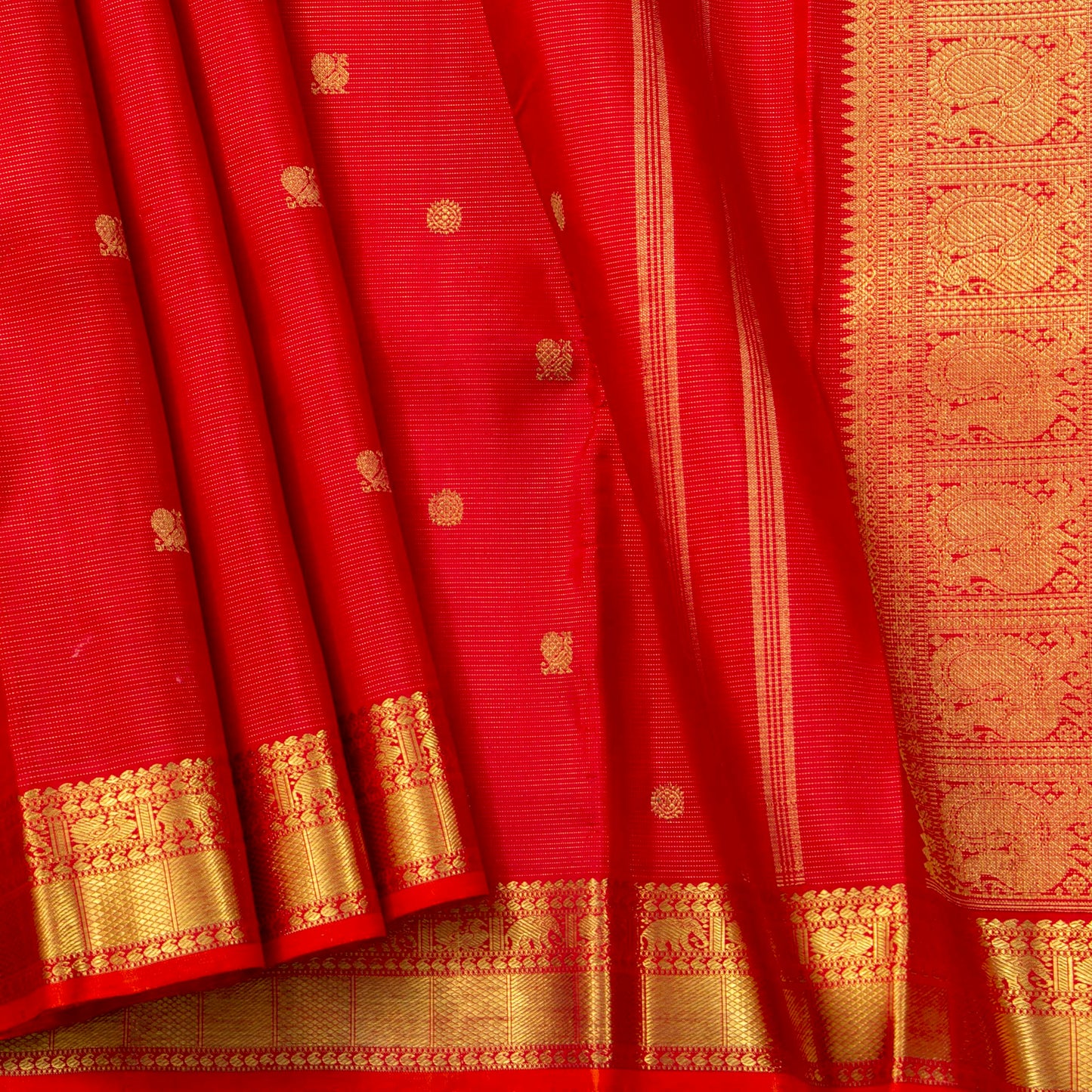 Red Kanchipuram Silk Saree With Vaira Oosi Zari Stripes For Bridal Wedding Wear PV NYC 1616