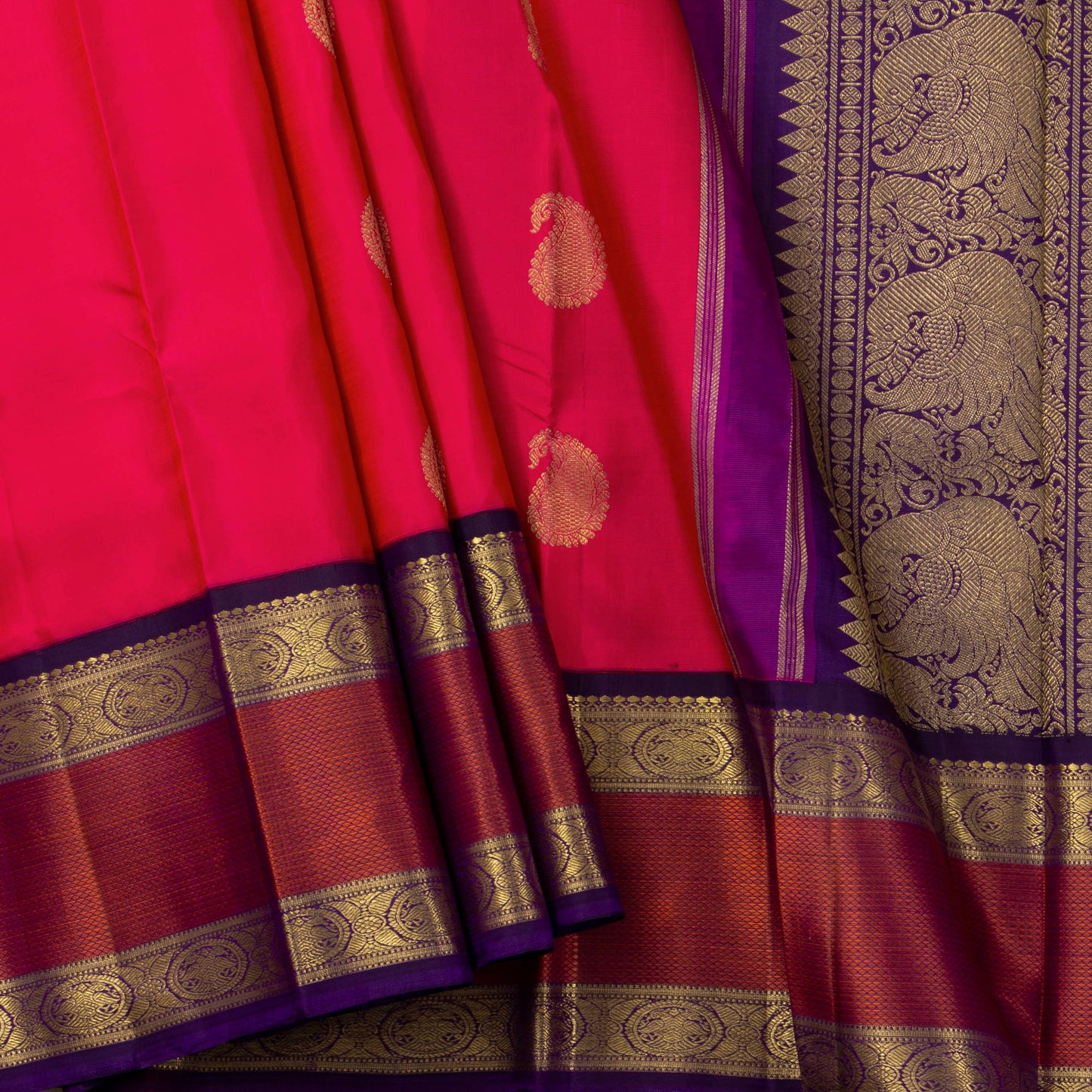 Pink And Purple Kanchipuram Silk Saree WIth Korvai Rettai Pettu Border For Wedding Wear PV NYC 1646