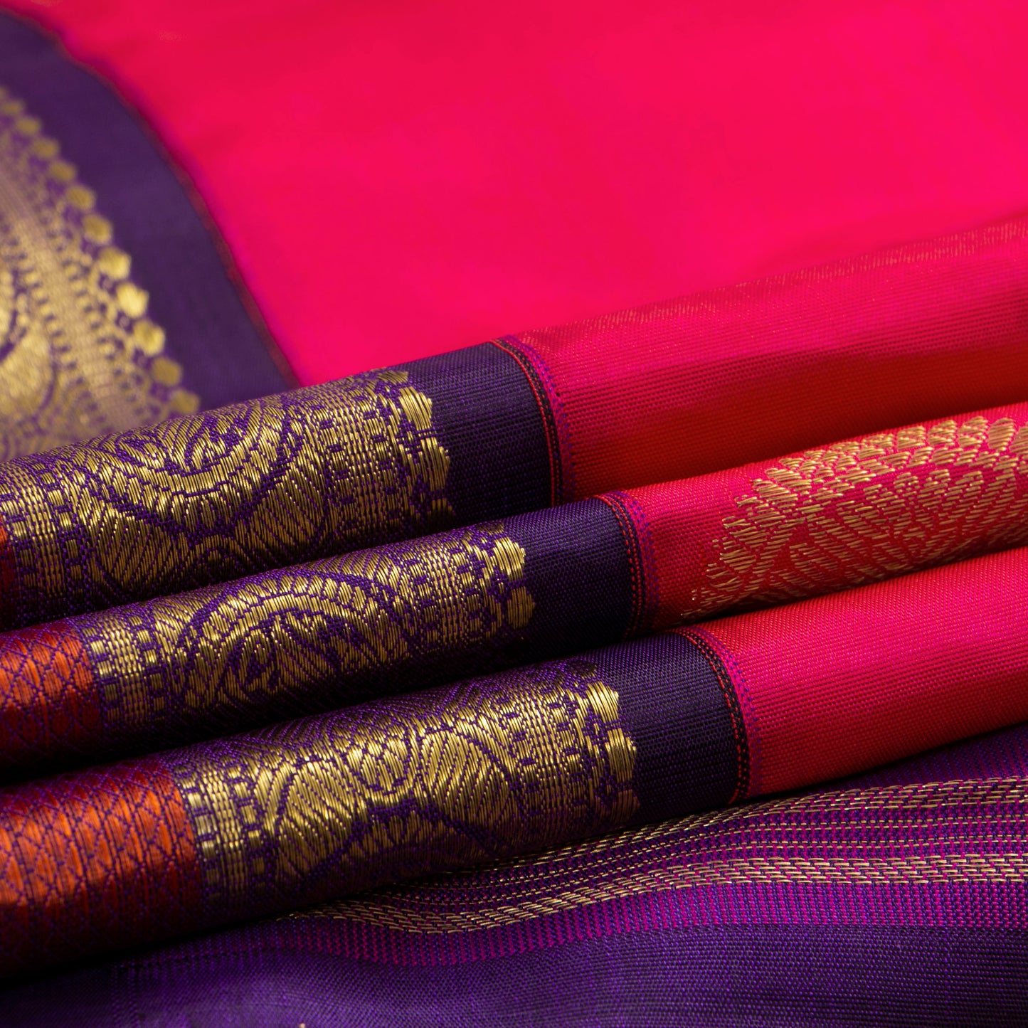 Pink And Purple Kanchipuram Silk Saree WIth Korvai Rettai Pettu Border For Wedding Wear PV NYC 1646