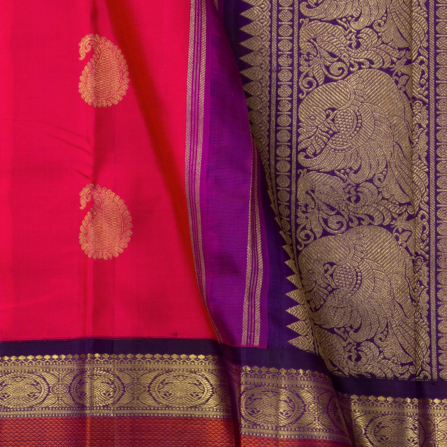 Pink And Purple Kanchipuram Silk Saree WIth Korvai Rettai Pettu Border For Wedding Wear PV NYC 1646