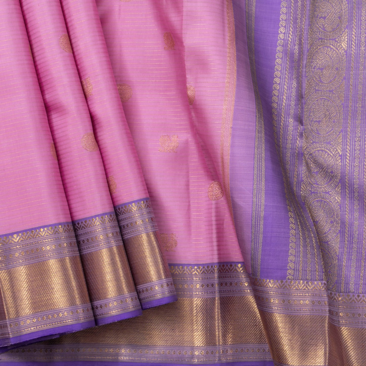Lotus Pink And Lavender Kanchipuram Silk Saree With Zari Stripes For Wedding Wear PV NYC1677