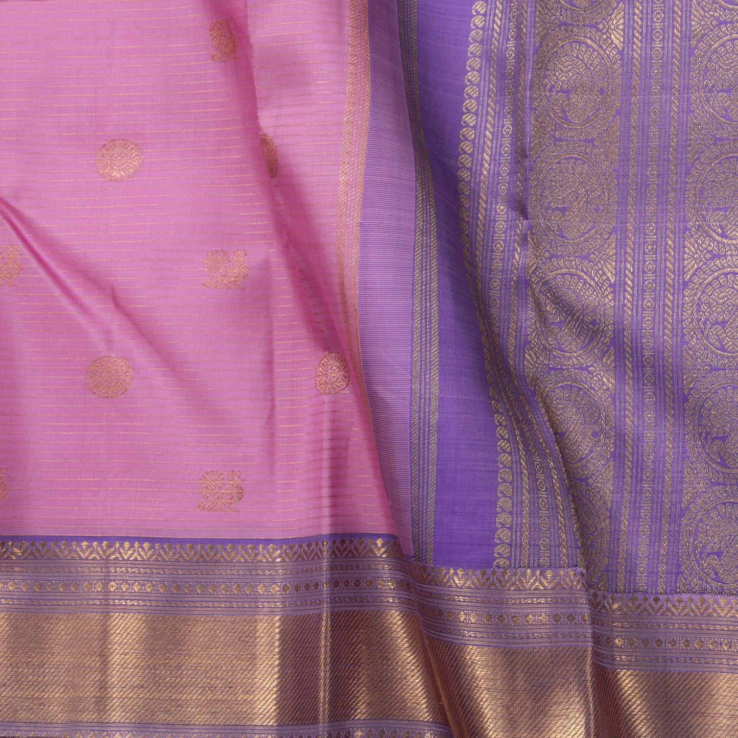Lotus Pink And Lavender Kanchipuram Silk Saree With Zari Stripes For Wedding Wear PV NYC1677