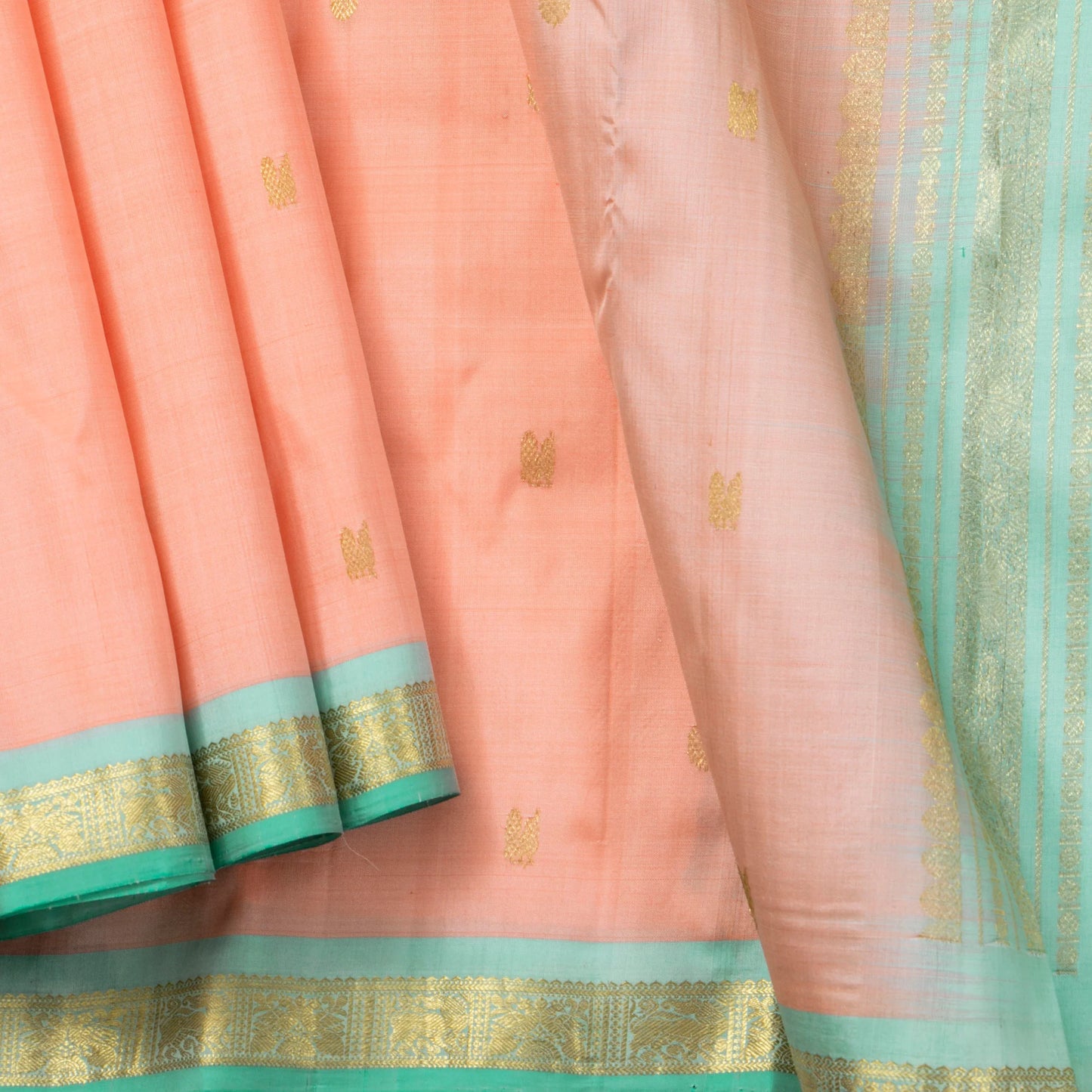 Peach And Pastel Green Kanchipuram Silk Saree For Festive Wear PV NYC 1678