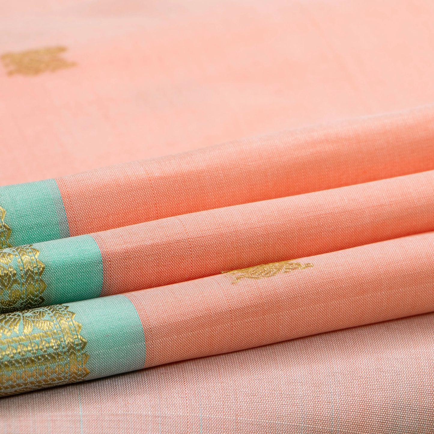 Peach And Pastel Green Kanchipuram Silk Saree For Festive Wear PV NYC 1678