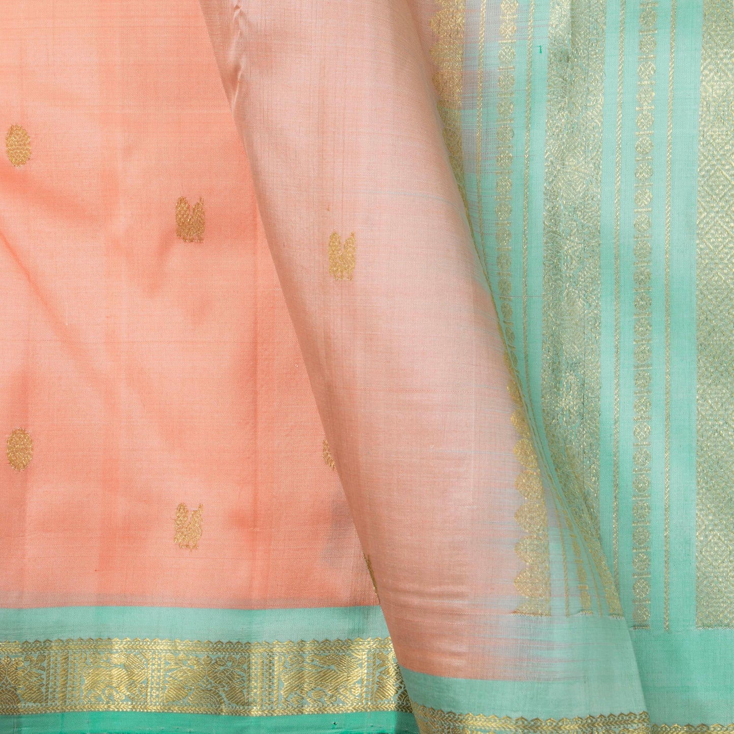 Peach And Pastel Green Kanchipuram Silk Saree For Festive Wear PV NYC 1678