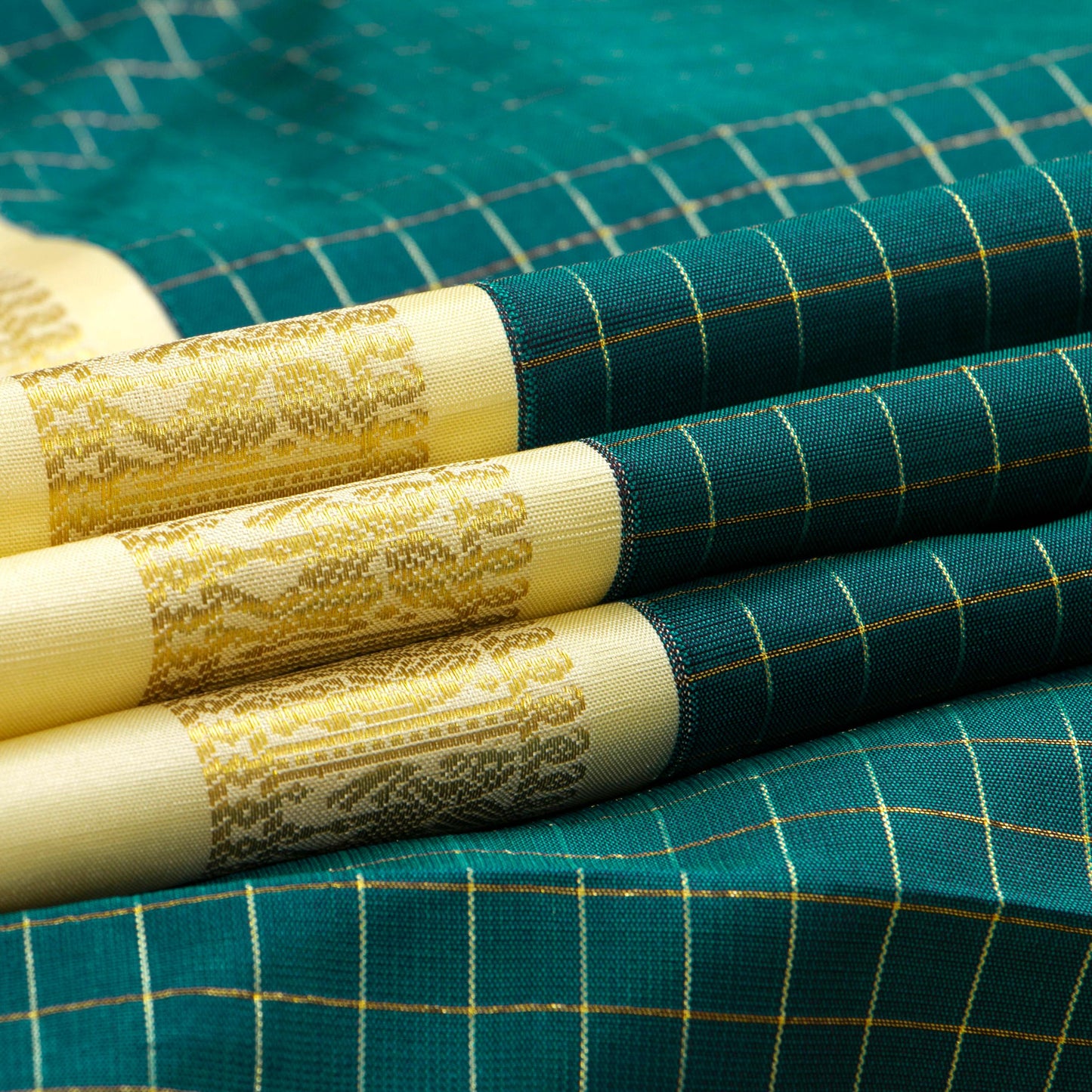 Green And Beige Kanchipuram Silk Saree With Zari Checks For Wedding Wear PV NYC 1670