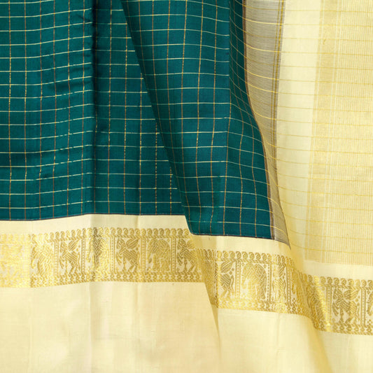 Green And Beige Kanchipuram Silk Saree With Zari Checks For Wedding Wear PV NYC 1670
