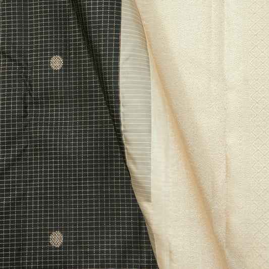 Black And Off White Kanchipuram Silk Saree Borderless For Festive Wear PV MEN 240