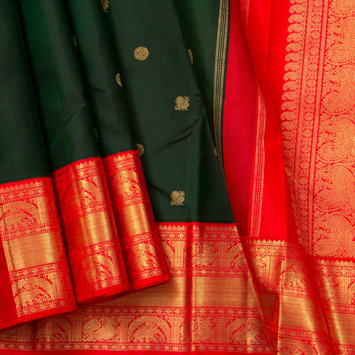 Bottle Green And Red Kanchipuram Silk Saree With Korvai Border For Wedding Wear PV NYC 1651