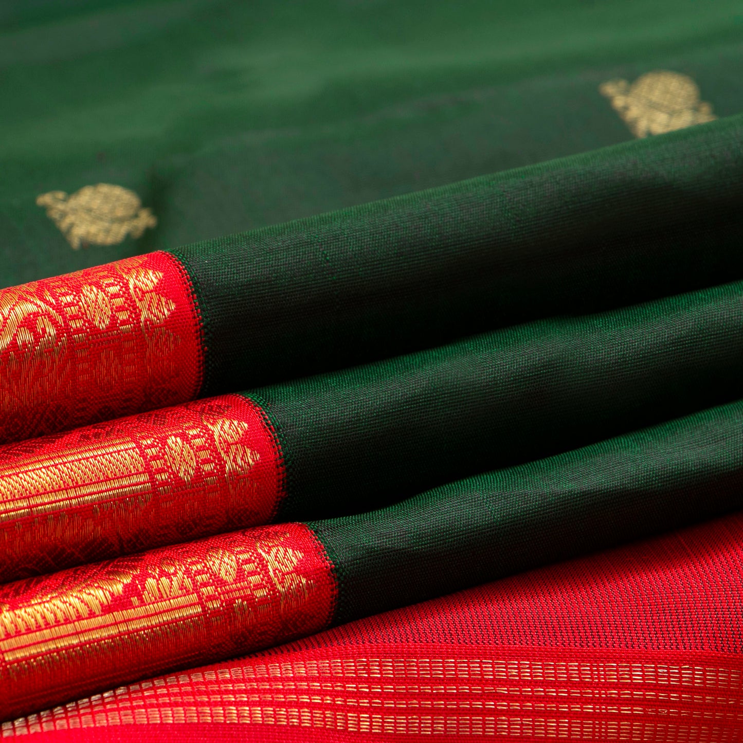 Bottle Green And Red Kanchipuram Silk Saree With Korvai Border For Wedding Wear PV NYC 1651
