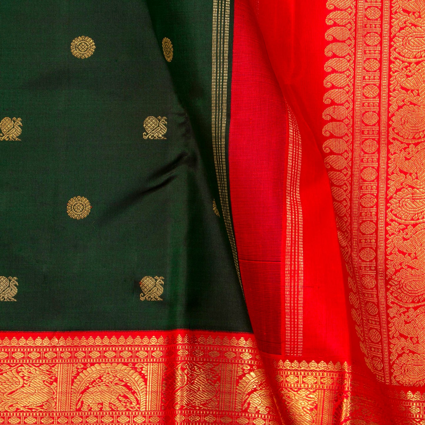 Bottle Green And Red Kanchipuram Silk Saree With Korvai Border For Wedding Wear PV NYC 1651
