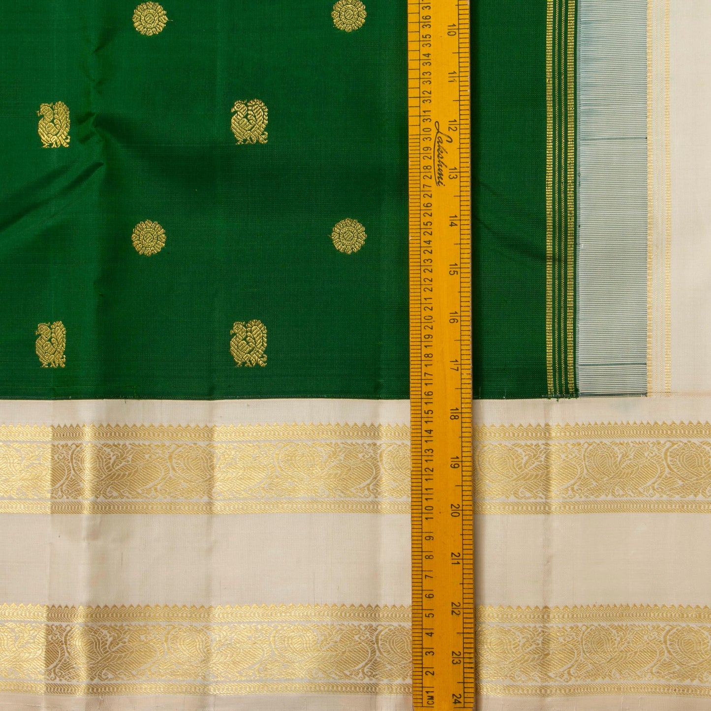 Bottle Green And Off White Kanchipuram Silk Saree With Rettai Pettu Border For Wedding Wear PV NYC 1623