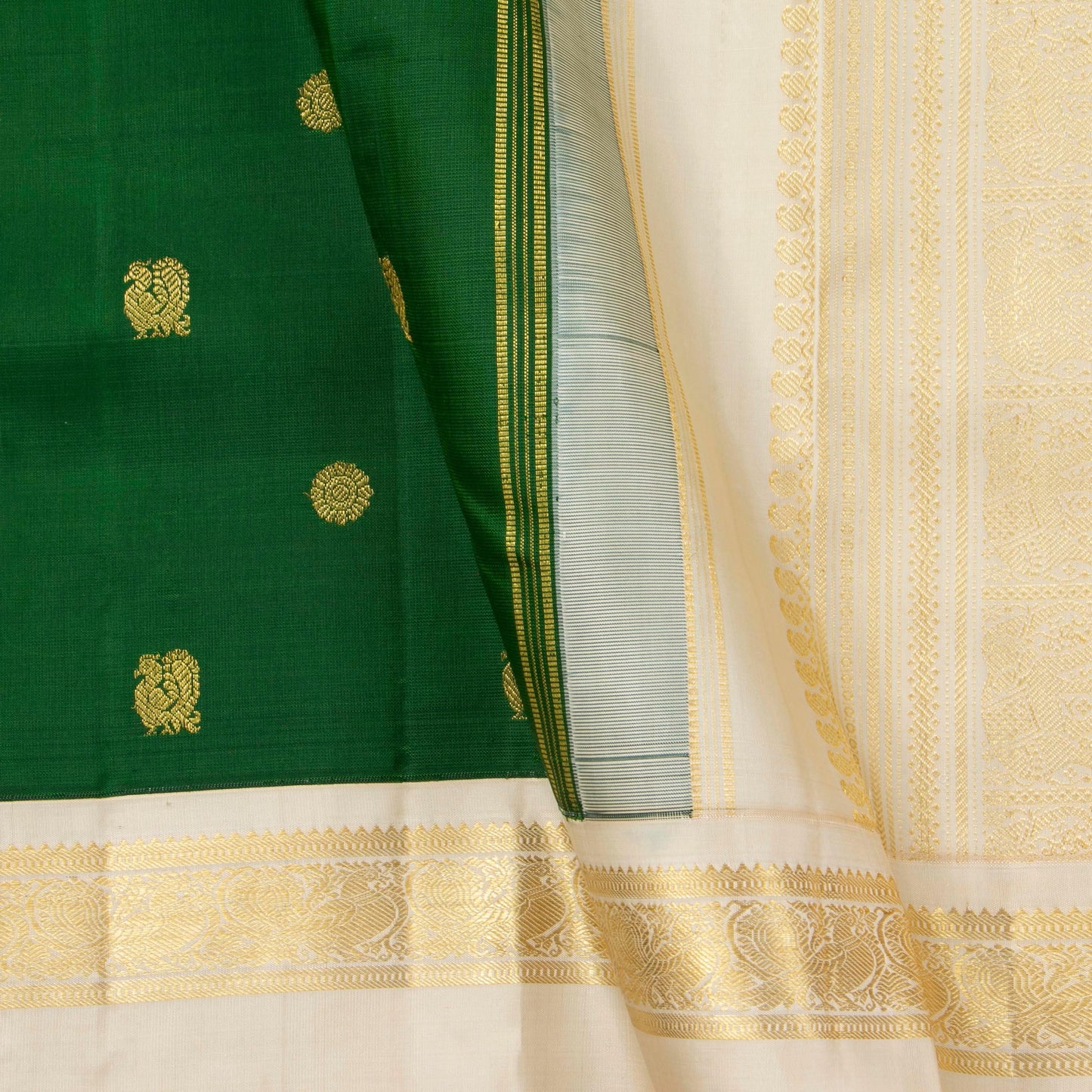Bottle Green And Off White Kanchipuram Silk Saree With Rettai Pettu Border For Wedding Wear PV NYC 1623