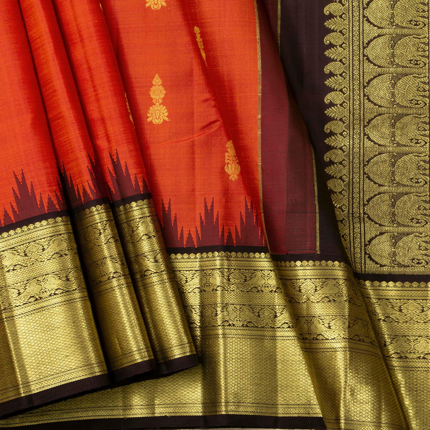 Orange And Brown Kanchipuram Silk Saree For Wedding Wear PV NYC 1675