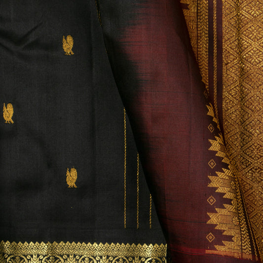 Black And Maroon Kanchipuram Silk Saree For Festive Wear PV NYC 1660