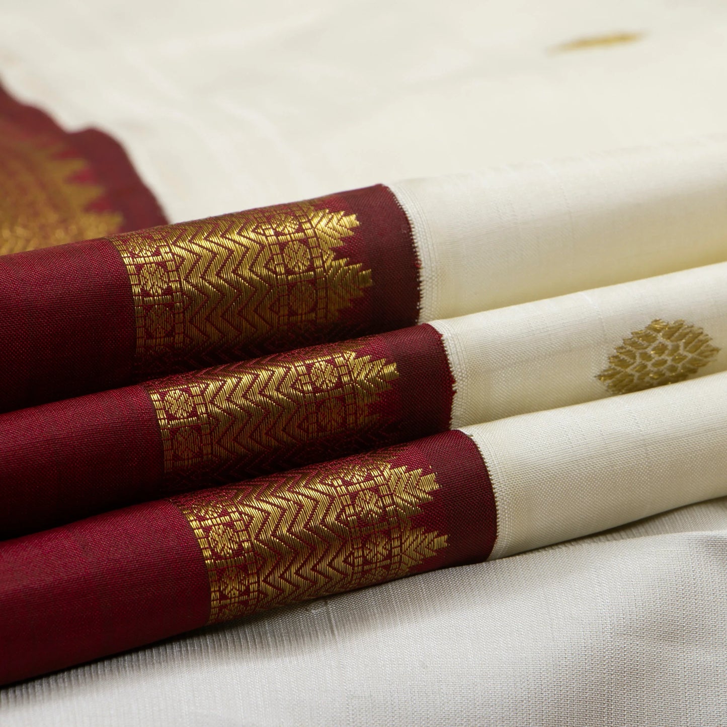 Off White And Maroon Kanchipuram Silk Saree For Wedding Wear PV NYC 1682