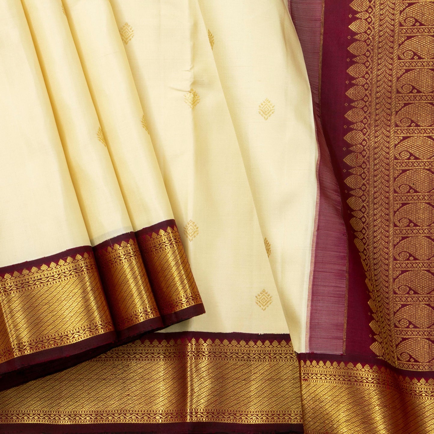Off White And Maroon Kanchipuram Silk Saree For Wedding Wear PV NYC 1736