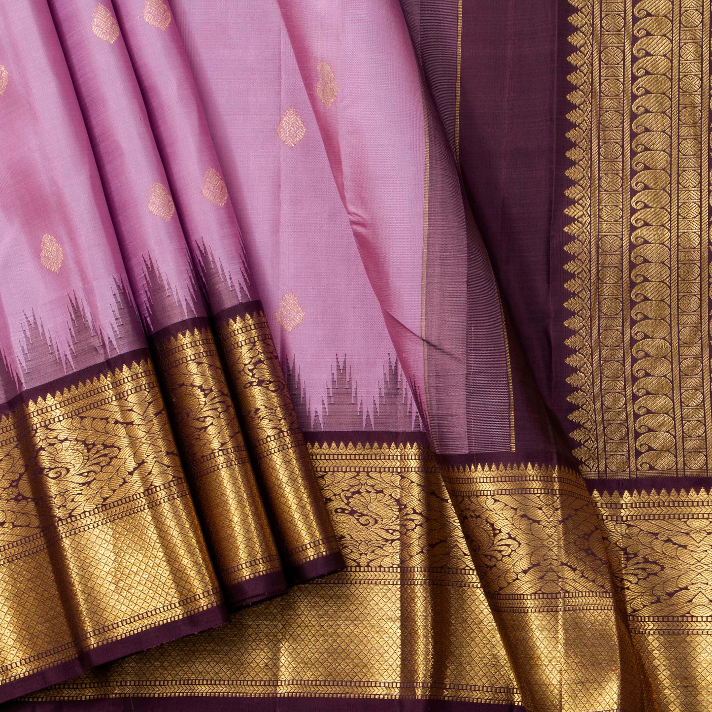 Lavender And Brown Kanchipuram Silk Saree With Temple Korvai Border For Wedding Wear PV NYC 1668