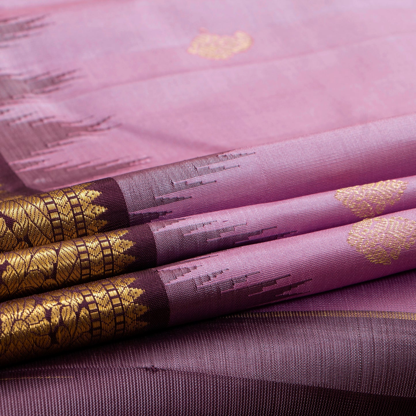 Lavender And Brown Kanchipuram Silk Saree With Temple Korvai Border For Wedding Wear PV NYC 1668