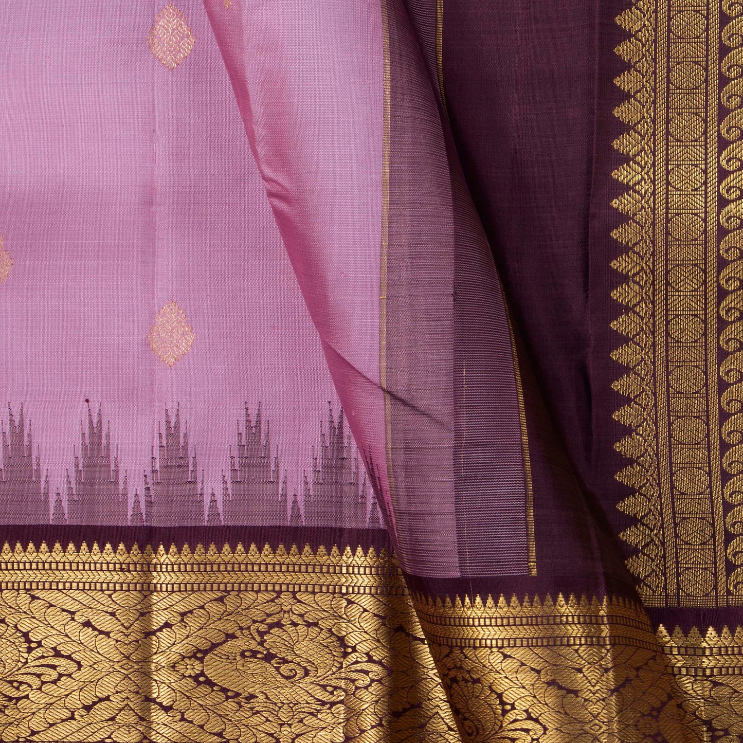 Lavender And Brown Kanchipuram Silk Saree With Temple Korvai Border For Wedding Wear PV NYC 1668