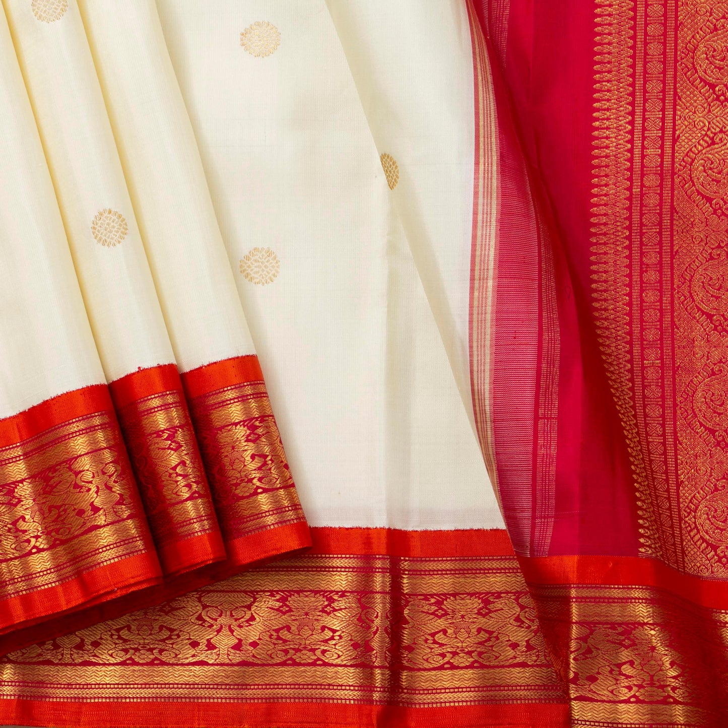 Off White And Red Kanchipuram Silk Saree For Wedding Wear PV NYC 1684