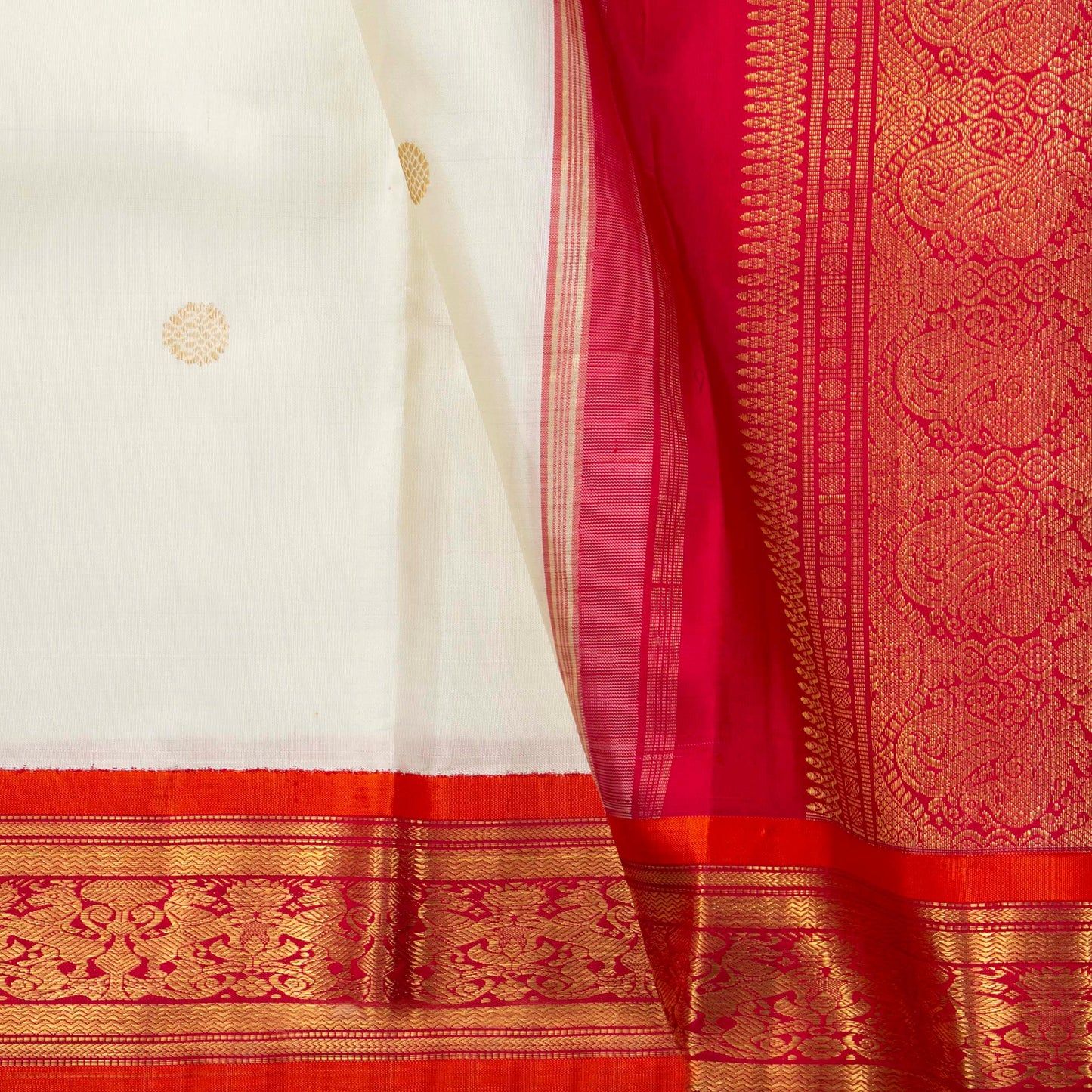 Off White And Red Kanchipuram Silk Saree For Wedding Wear PV NYC 1684