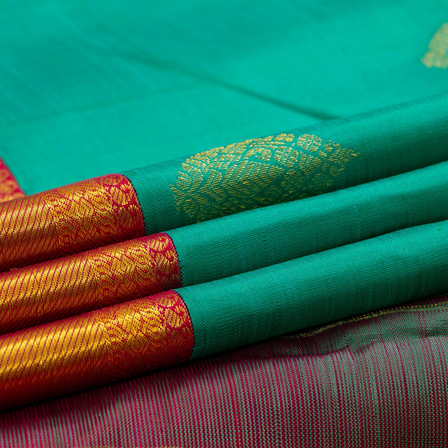 Turquoise And Red Kanchipuram Silk Saree For Bridal Wear PV NYC 1665