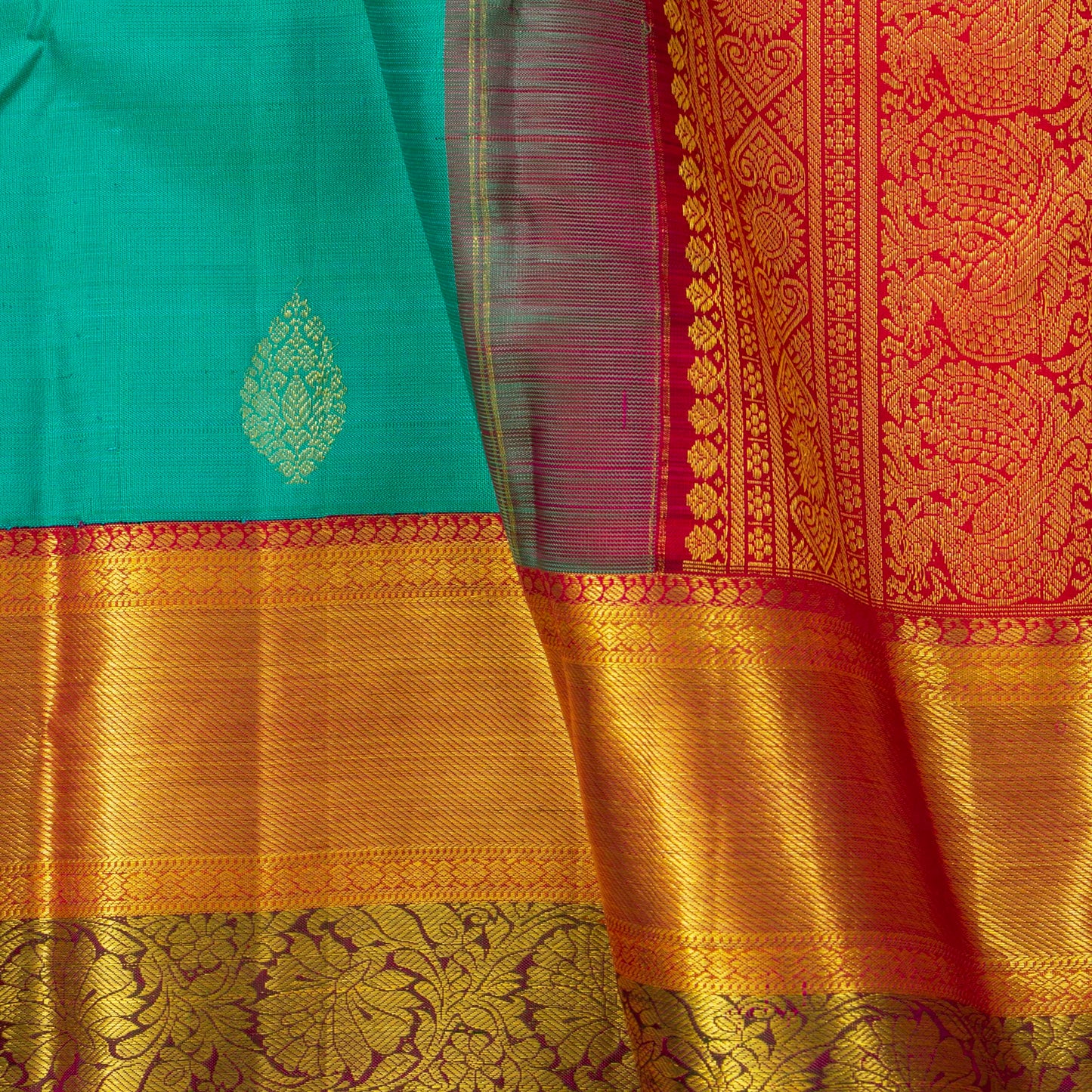 Turquoise And Red Kanchipuram Silk Saree For Bridal Wear PV NYC 1665