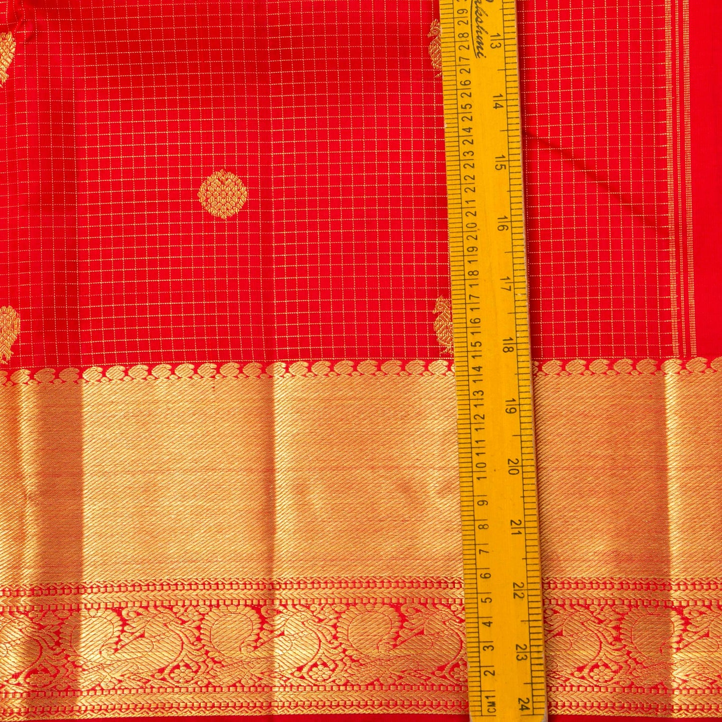Red Kanchipuram Silk Saree With Zari Checks For Bridal Wear PV NYC 1622