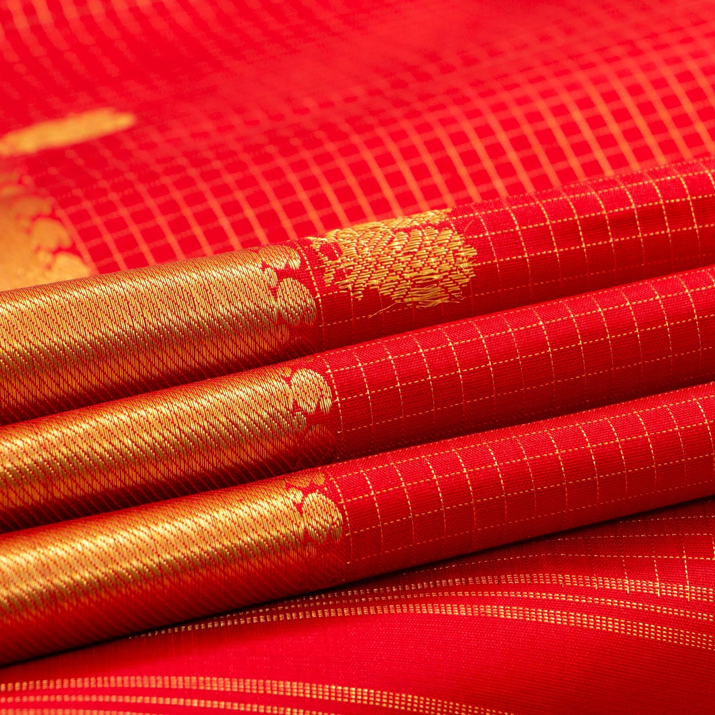 Red Kanchipuram Silk Saree With Zari Checks For Bridal Wear PV NYC 1622