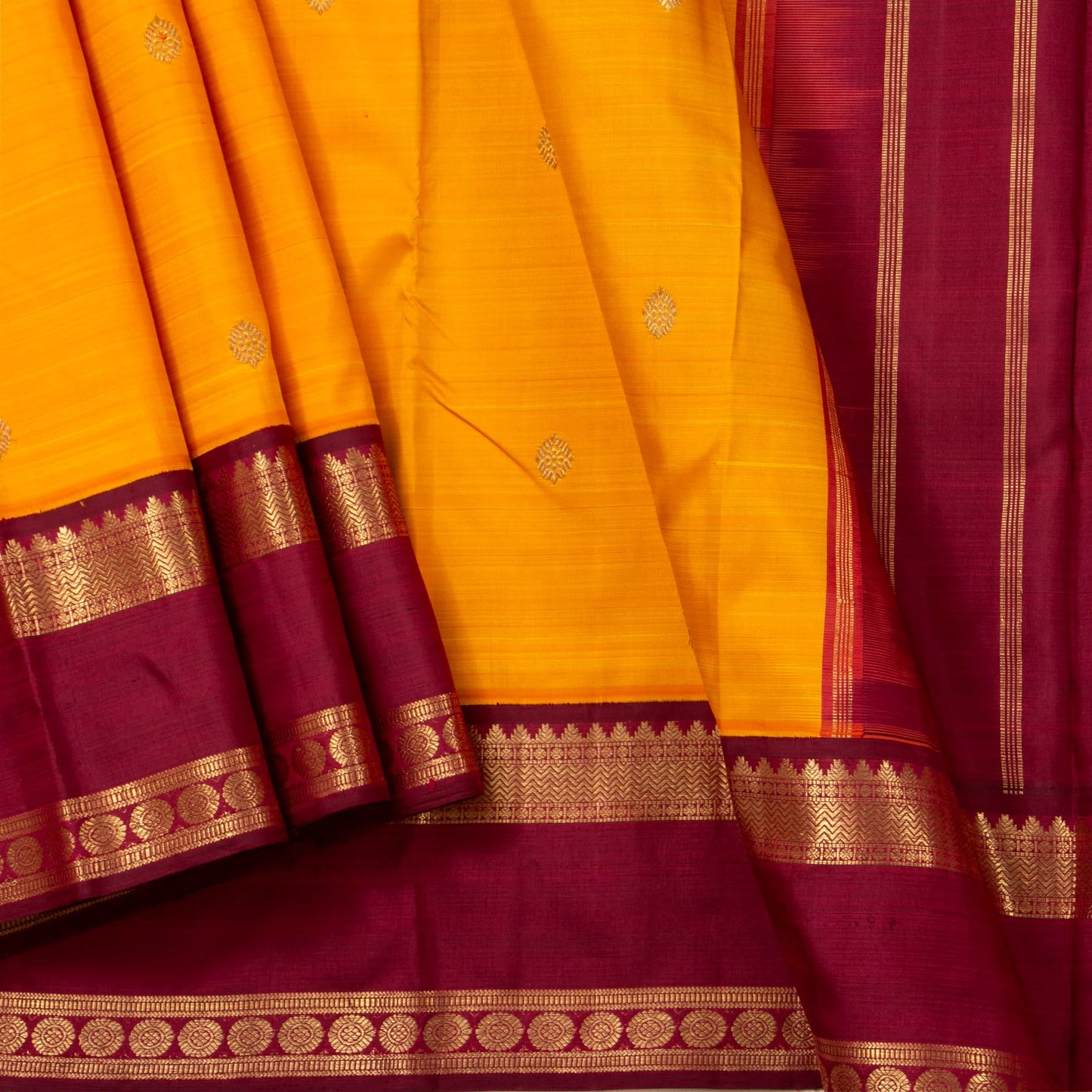 Mango Yellow And Maroon Kanchipuram Silk Saree With Korvai Contrast Border For Festive Wear PV NYC 1663