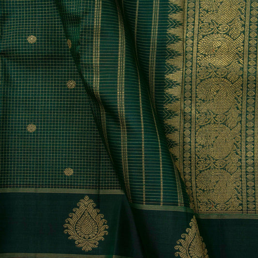 Bottle Green Kanchipuram Silk Saree With Zari Checks For Wedding Wear PV NYC 1664